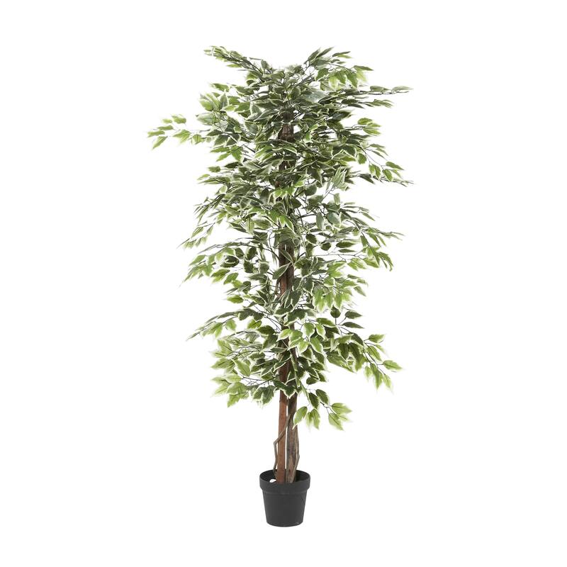 Faux Foliage Ficus Artificial Tree with Realistic Leaves and Black Plastic Pot - Green - Roche River Decor - Green - 73"H