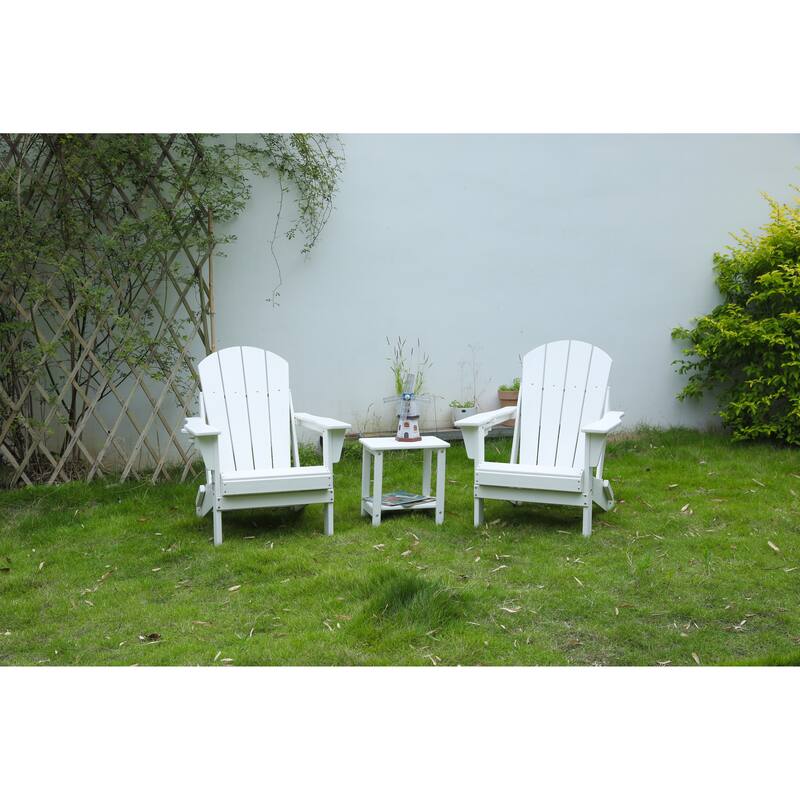 Folding Adirondack Chair with Side Table, 3-Piece Adirondack Chair Set with Wood Texture, (includes 2 Chairs and 1 Table) - White