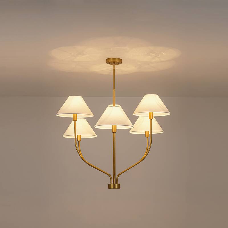 6-Light Modern Gold/Matte Black Sputnik Staggered Large Chandelier with Cone White Fabric Shade