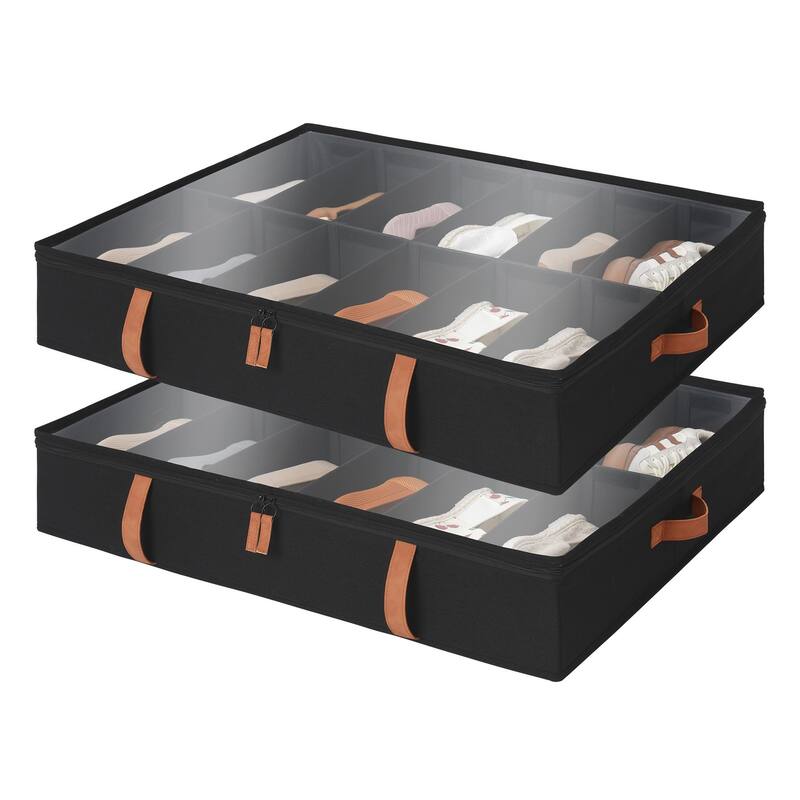 2-Pack Underbed Shoe Storage Organizer with Adjustable Dividers, 24 Pairs Fabric Shoe Storage Box - 30" W x 24.5" D x 5.25" H - Black