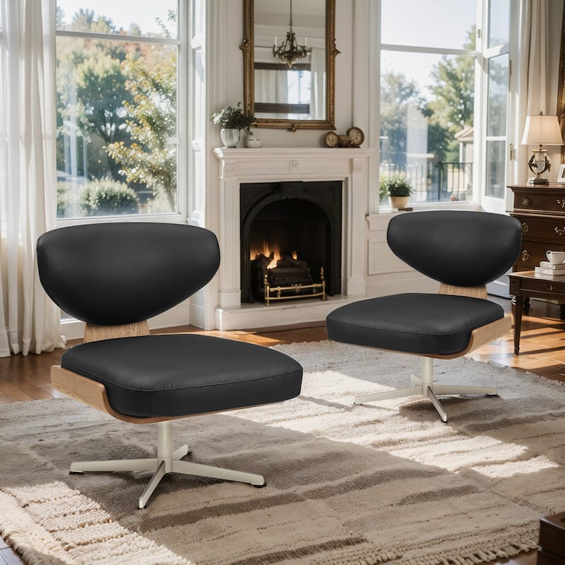 Art Leon Genuine Leather and Wood Swivel Accent Chair