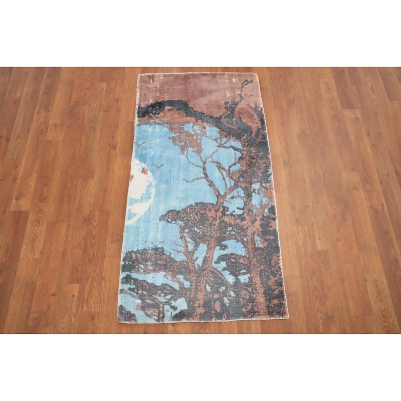 Hand Knotted Oriental Viscose Silk Carpet Modern Abstract Navy Blue & Blues Abstract Area Rug - 4' 0'' X 2' 0''