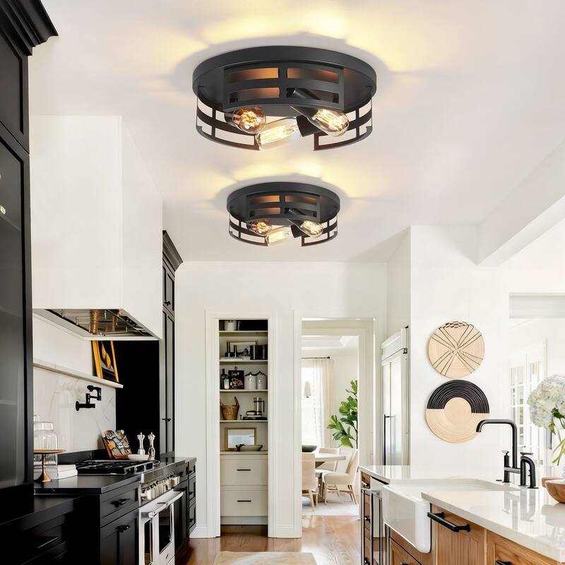 3-Light Black Farmhouse Flush Mount Ceiling Light-2 Pack For Bedroom/Living Room(Matte Black)