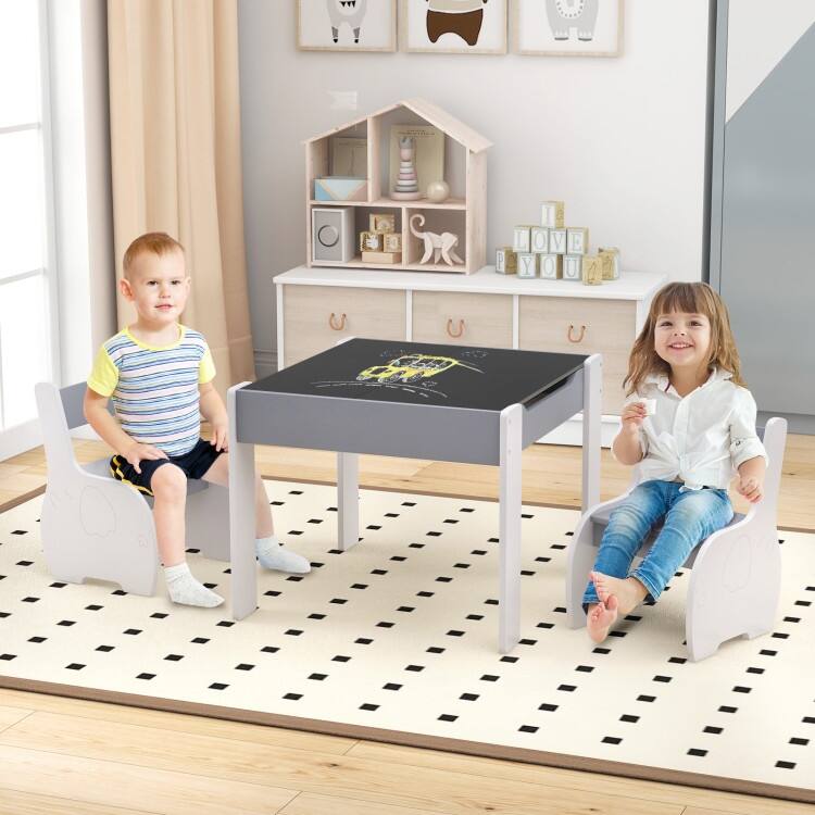 4-in-1 Wooden Activity Kids Table and Chairs with Storage and Detachable Blackboard - 25" x 24" x 19"