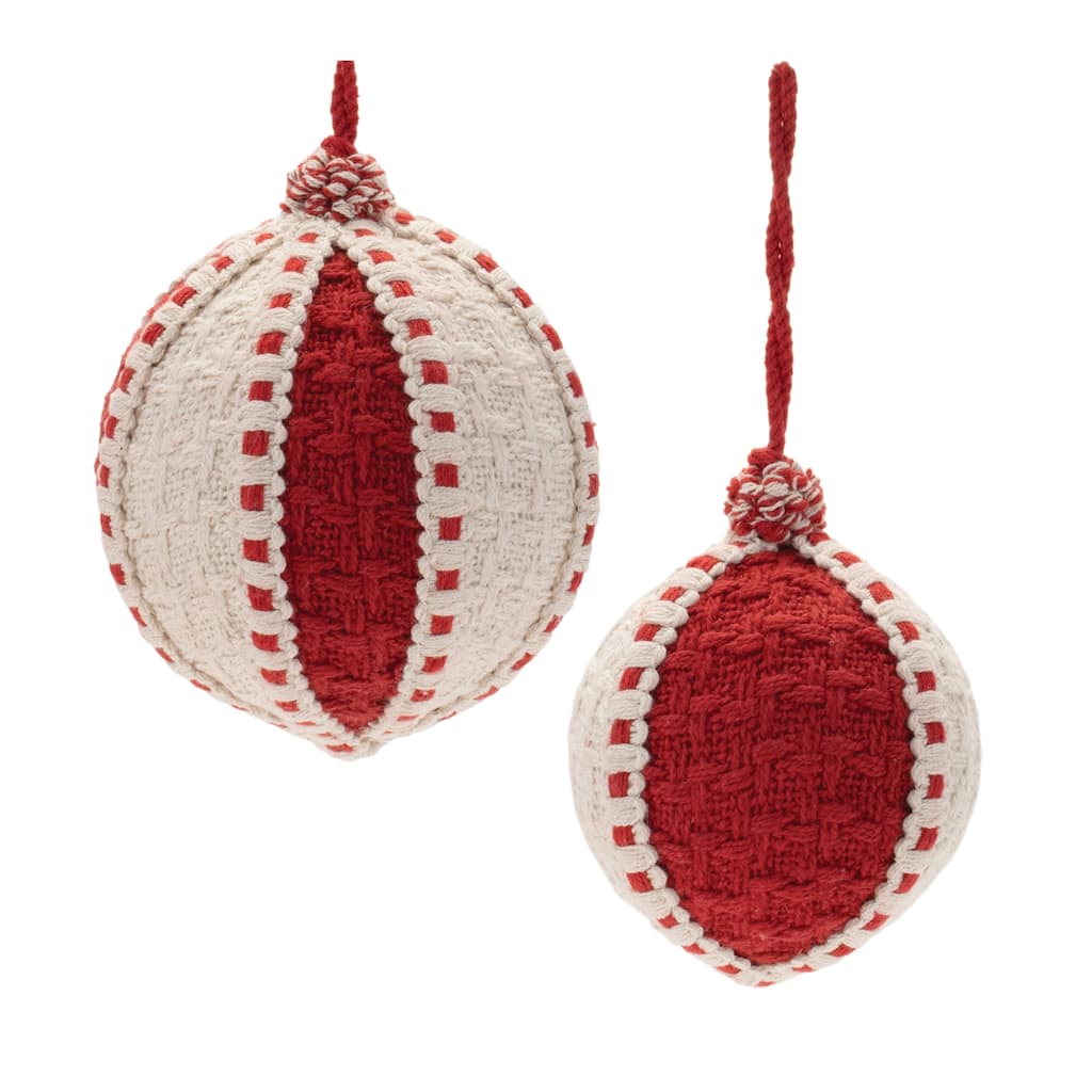 Set of 4 Beige Red Soft Fabric Woven Ball Ornaments with Rope Hangers for Christmas Tree and Seasonal Use
