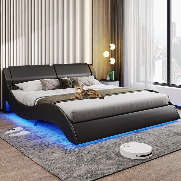 LED Bed Frame Modern Faux Leather Low Profile Platform Bed - Bed