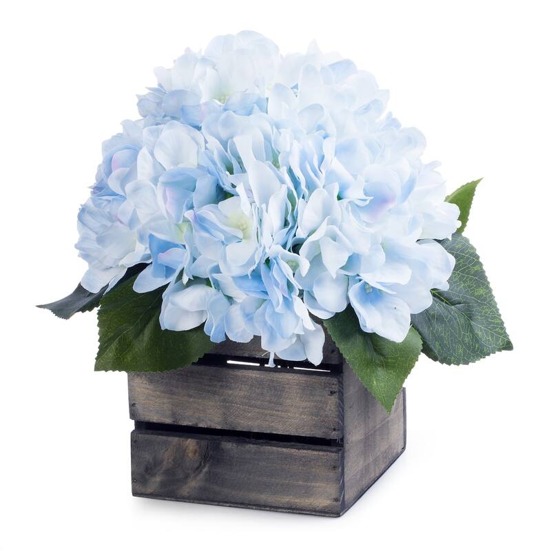 Enova Home Artificial Silk Hydrangea Fake Flowers Arrangement in Wood Planter for Home Office Wedding Decoration - Blue