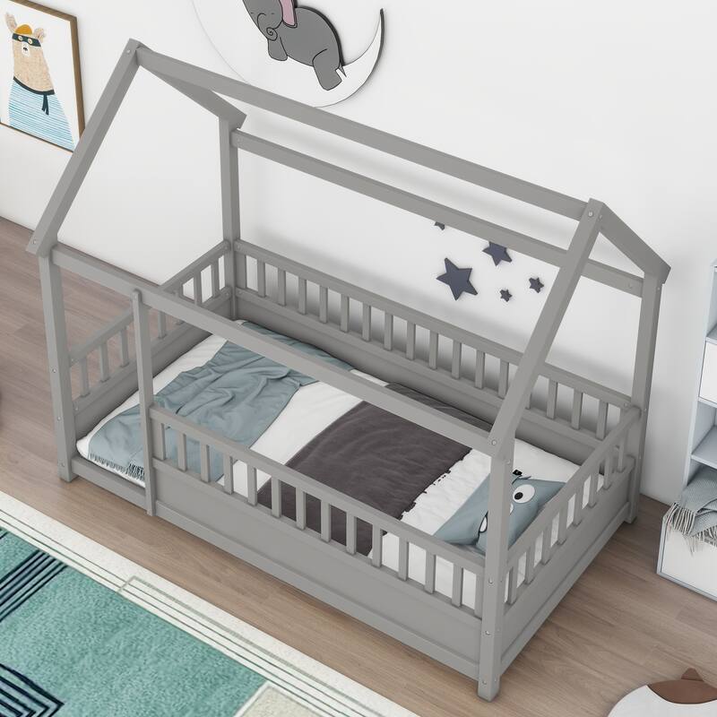 Twin Size Floor Bed Wooden House-shaped Bed Frame with Fence & Roof