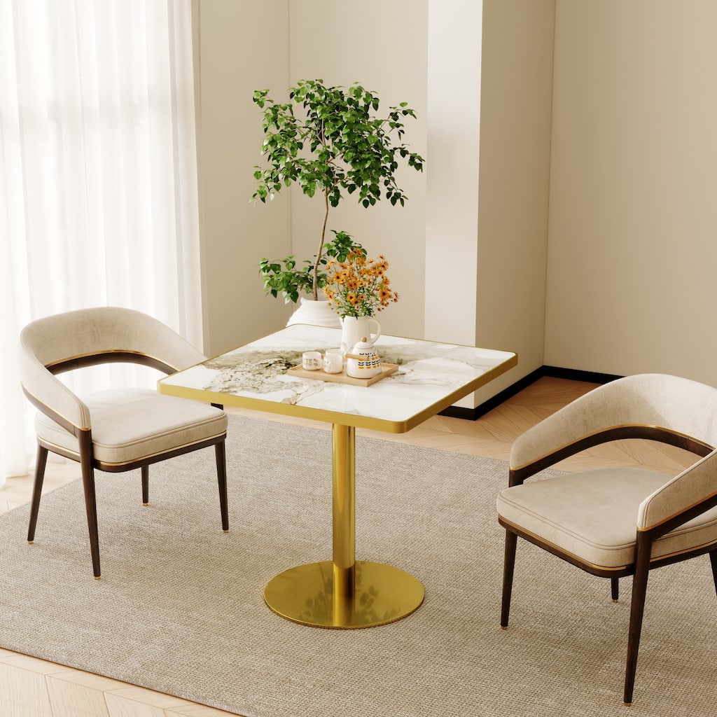 Roomfitters 31.5" Square Dining Table with Faux Marble Top and Metal Pedestal Base for Small Kitchen Spaces
