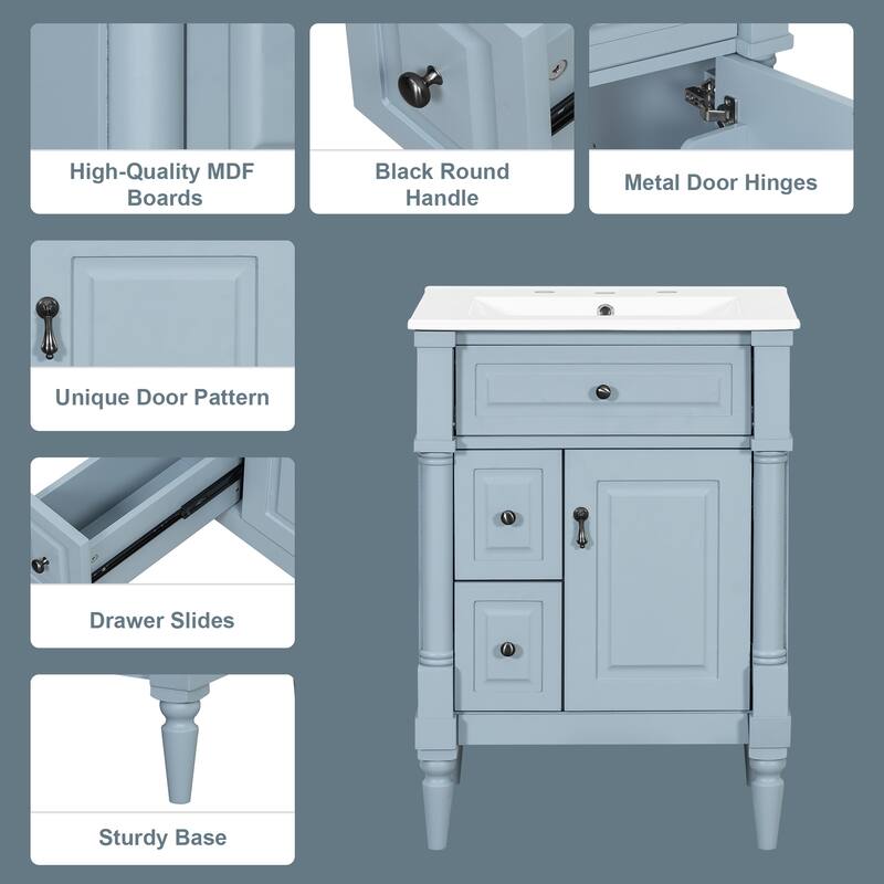 Roomfitters 24" Bathroom Vanity with Sink, Solid Wood Frame, Flip Drawer, 2 Drawers & Door Rack