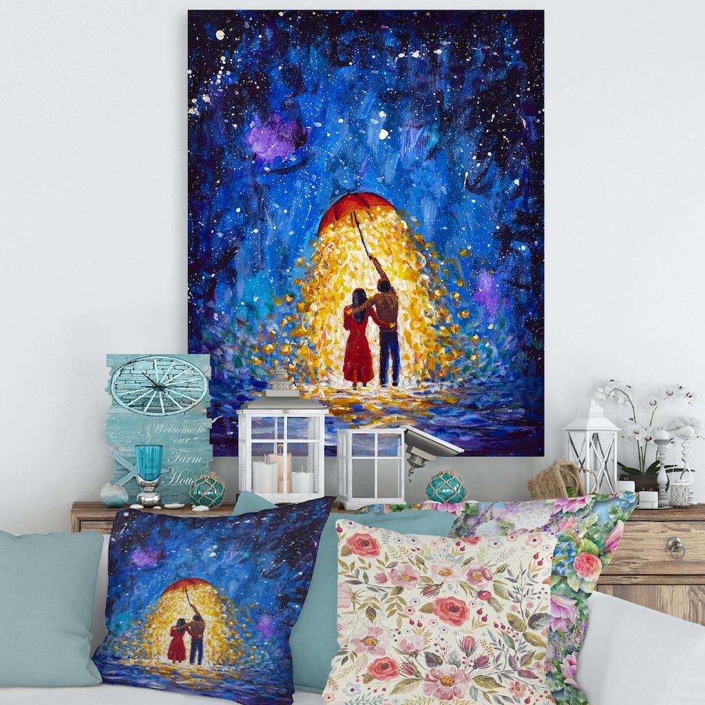 Designart "Couple In Love Walks Under Glowing Umbrella" French Country Canvas Wall Art Print