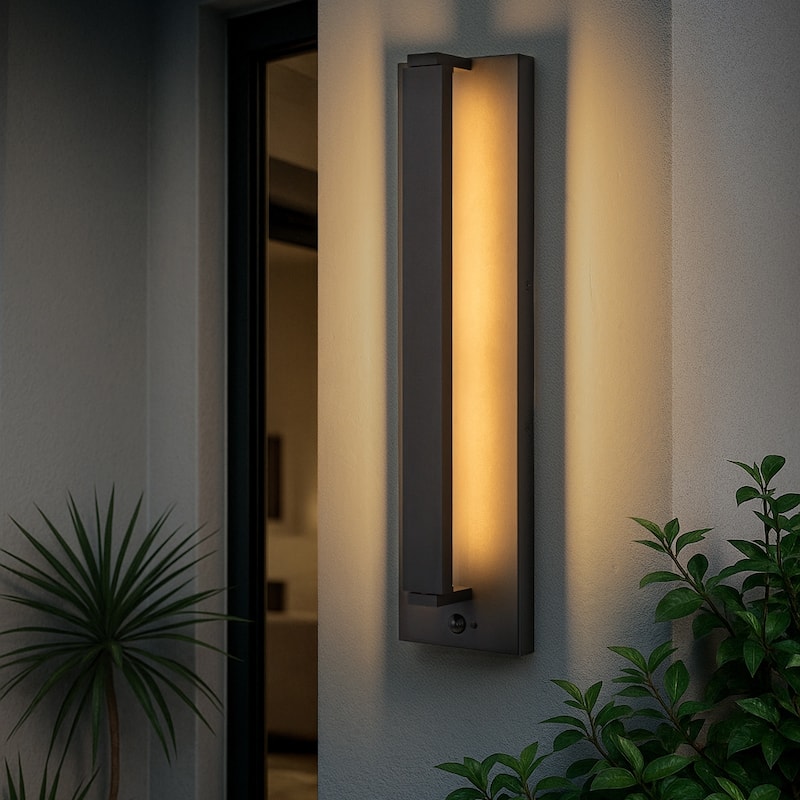 Modern Motion Sensor Outdoor Wall Light Integrated LED Wall Sconce Matte Black Iron Exterior Light Fixture for Porch Garage - H20''