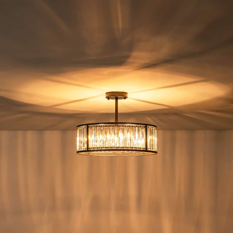4-Light Mid-Century Modern Black Drum Crystal Semi-Flush Mount Light - 16.9 in. W x 5.7 in. H