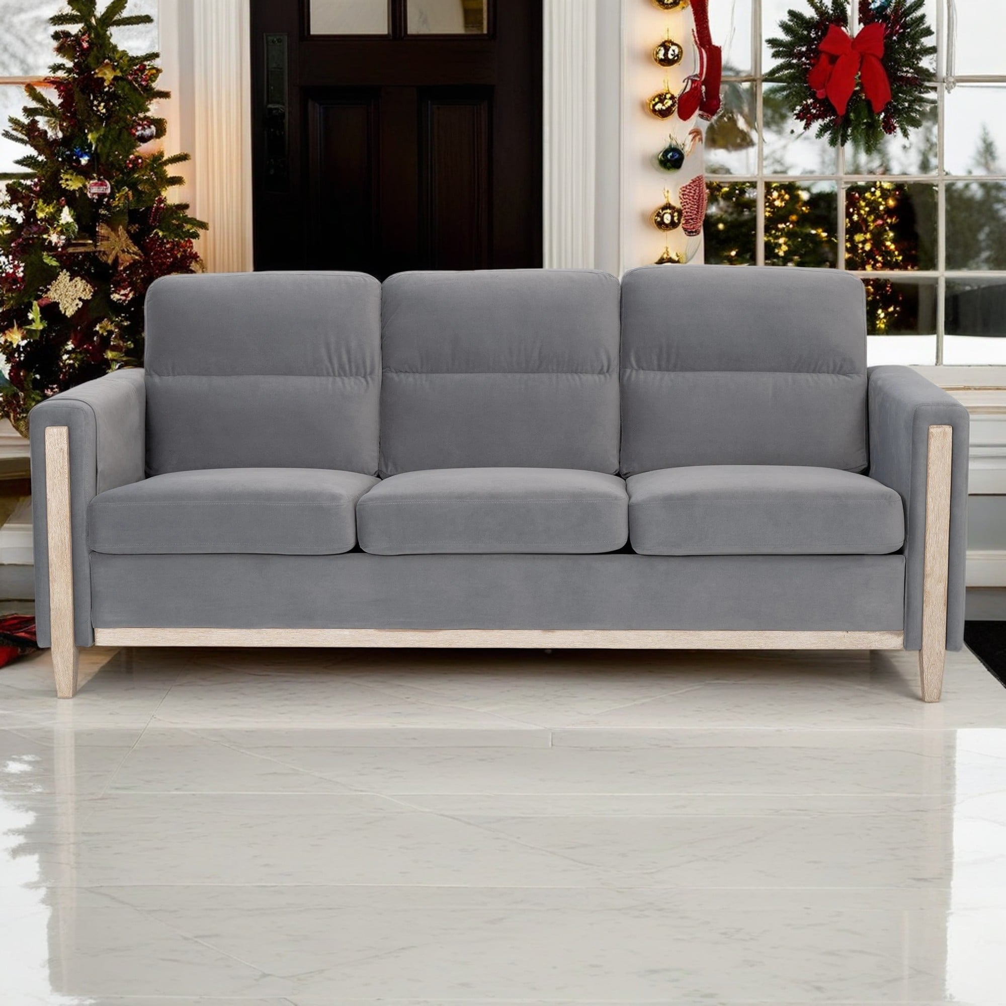 Larb Modern Solid Wood Three-Seater Sofa Couch by GDFStudio