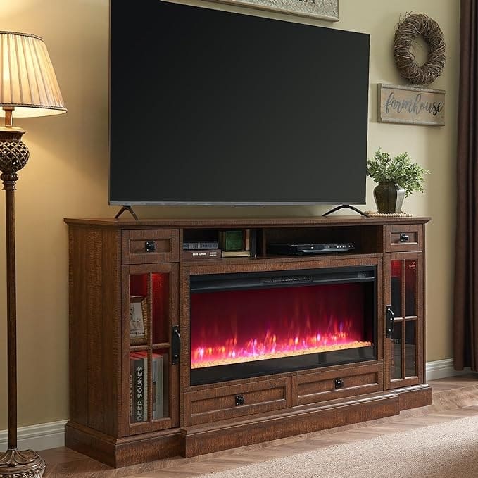 70" Farmhouse Fireplace TV Stand, Entertainment Center, Console Table - Reclaimed Barnwood