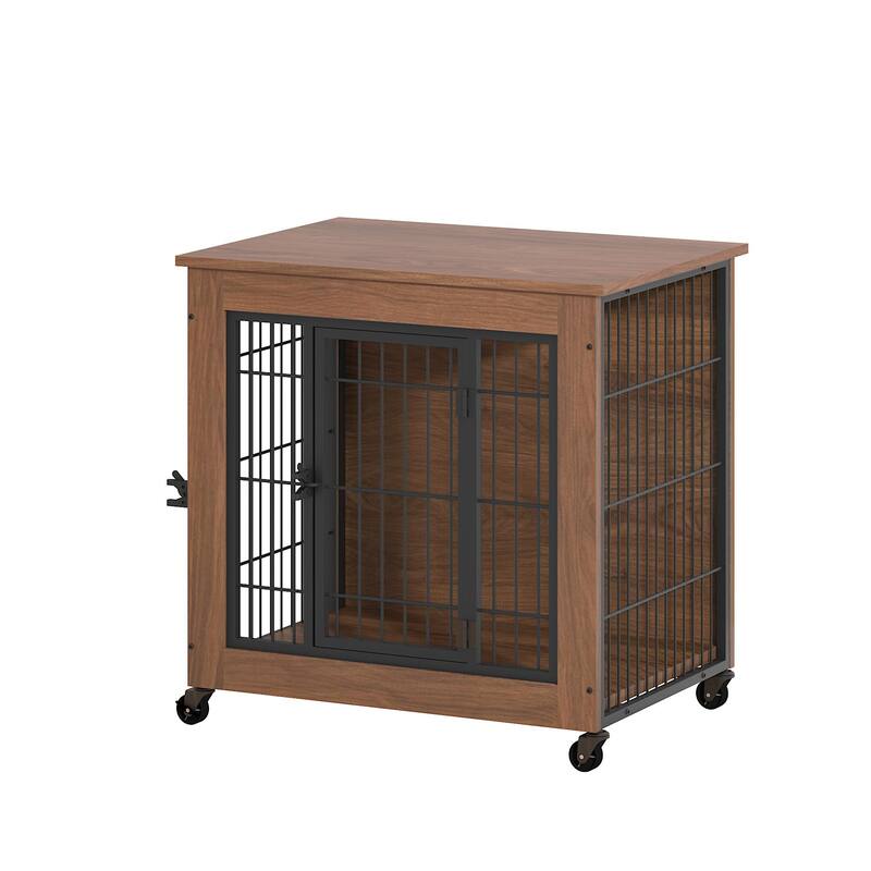 27.2" Dog Crate Furniture with Wheels for Small Dogs, Heavy Duty Dog Kennel Indoor with 2 Doors, Double-Doors Sturdy Dog Cage
