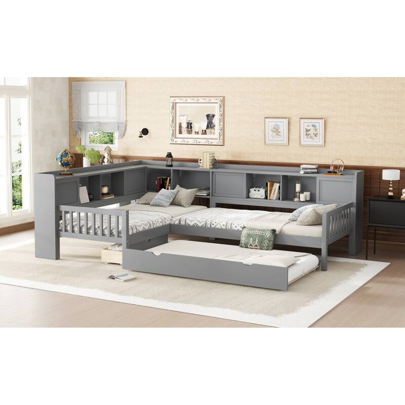 Roomfitters L-Shaped Twin Platform Bed with Trundle, Corner Bed Frame with Storage Drawers and Shelves