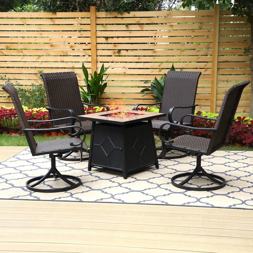 PHI VILLA 5-Piece Gas Fire Pit Table Set Patio Dining Set TerraFab Fire Pit Table & Classic Brown Rattan Chairs