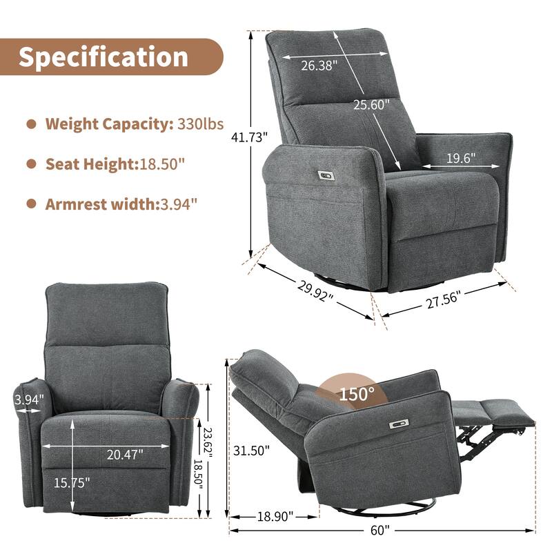 270° Power Swivel Rocker Recliner Chair for Adults, Swivel Rocking Recliner Chair,Electric Small Recliners for Small Spaces