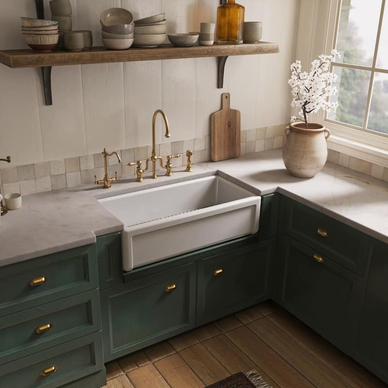 Reversible Fireclay Kitchen Sinks With Grid Three Edge Frame, Plain Front Apron