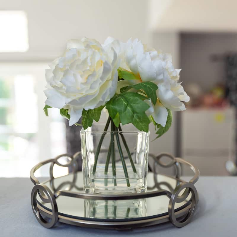 9" Tall Silk Peony Arrangement in Glass Pot,Pink - ONE-SIZE