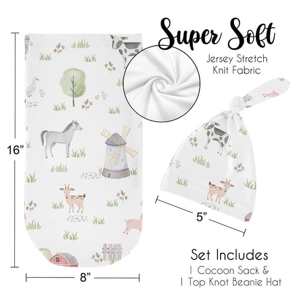 Farm Animals Boy Girl Baby Cocoon and Beanie Hat Sleep Sack - 2pc Set - Watercolor Farmhouse Horse Cow Sheep Pig Gender Neutral