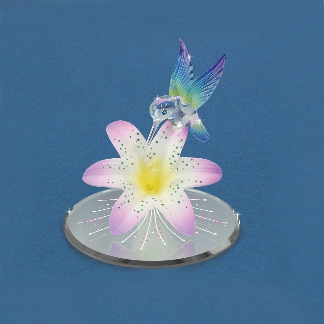 Rainbow Hummingbird and Lavender Lily with Base Handcrafted Glass
