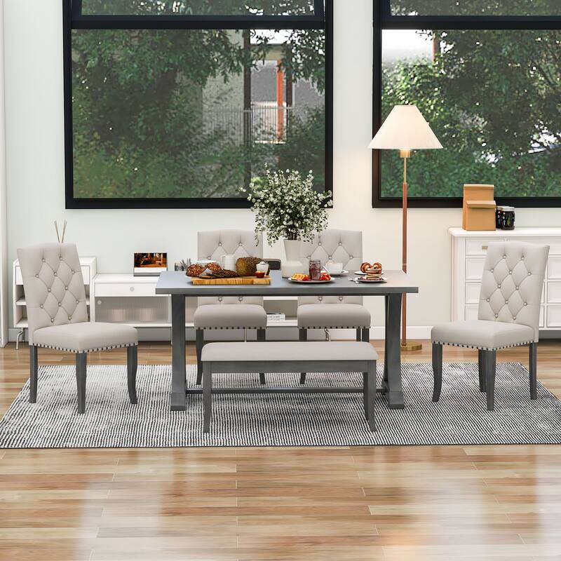 6-Piece Farmhouse Dining Table Set, Rectangular Trestle Table and 4 Upholstered Chairs & Bench for Dining Room