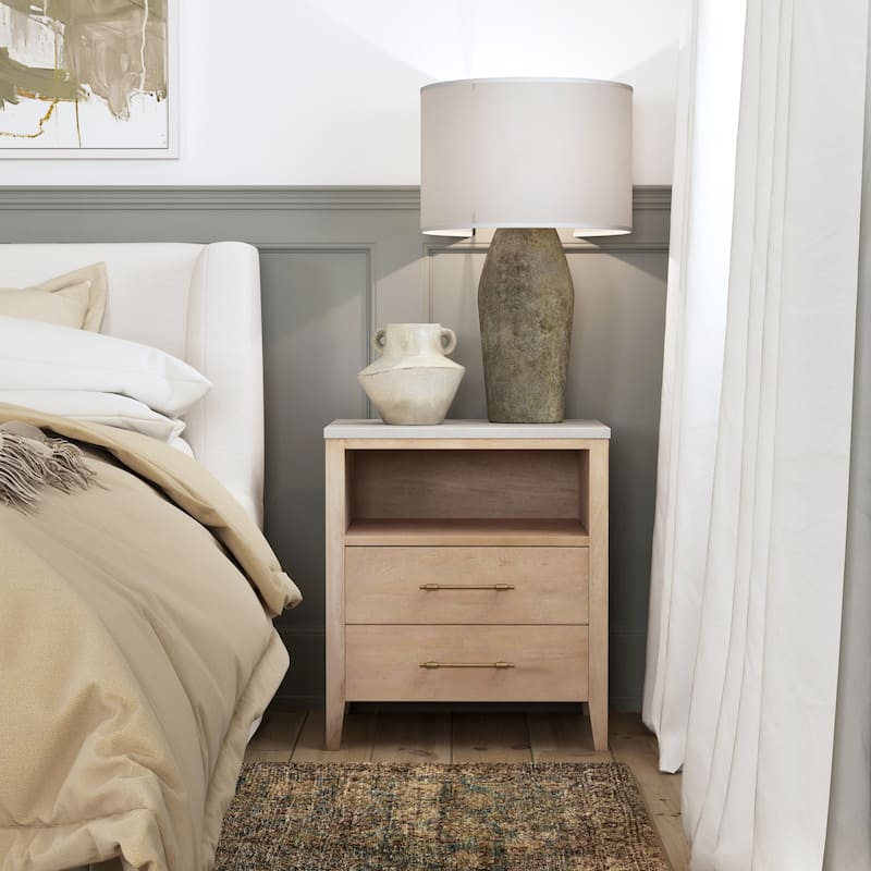 Mayfair 2 Drawer Wood and Marble Nightstand - Light Brown