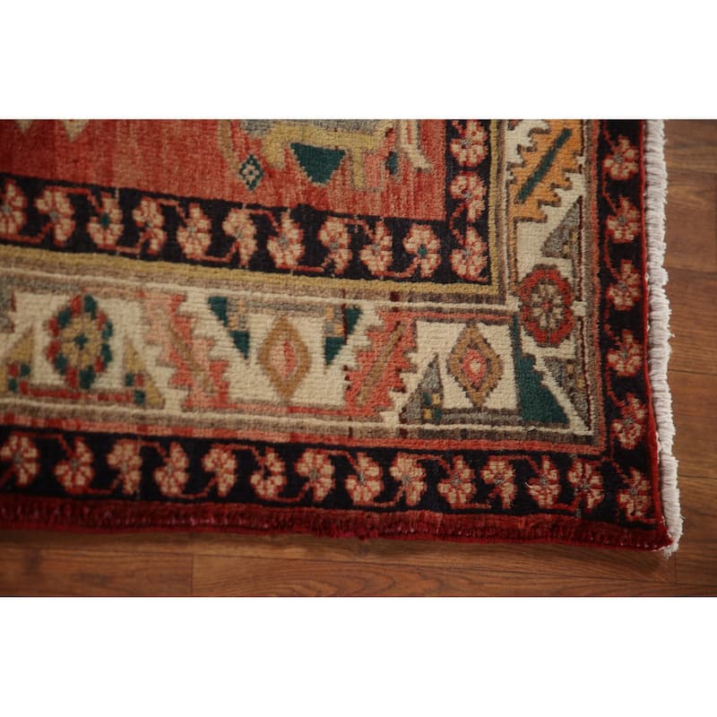 Geometric Red Heriz Persian Vintage Runner Rug Handmade Wool Carpet - 3'9"x 11'1"