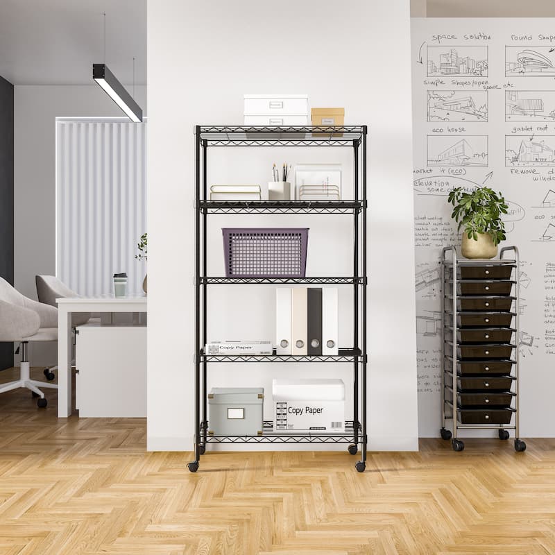 UltraDurable 5-Tier Adjustable Steel Wire Shelving with Wheels, 48" W x 18" D x 72" H, Black