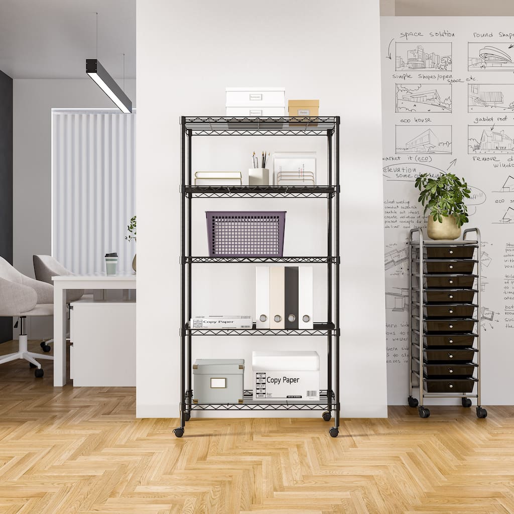 UltraDurable 5-Tier Adjustable Steel Wire Shelving with Wheels, 48" W x 18" D x 72" H, Black