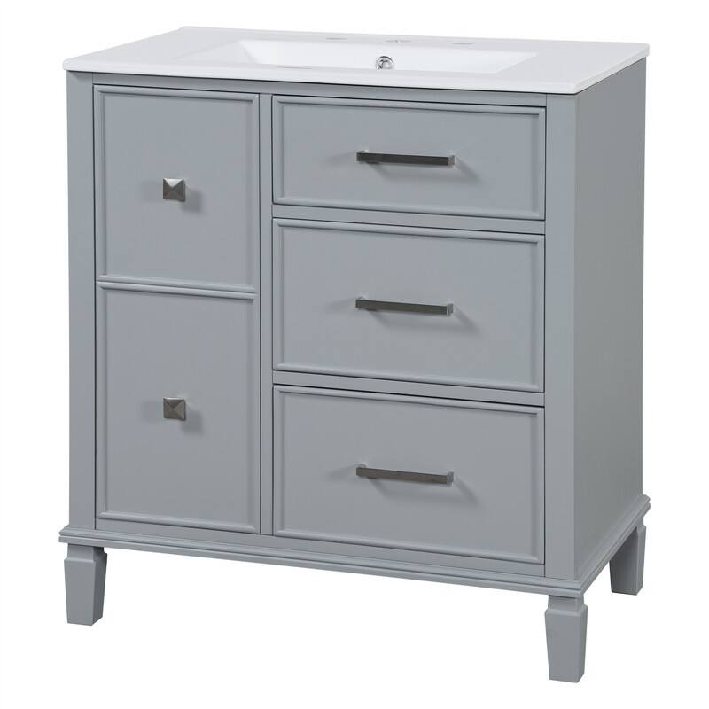 30'' Bathroom Vanity with Ceramic Sink, Freestanding Bathroom Vanity Cabinet with 3 Soft Close Drawers and 1 Flip-Out Drawer