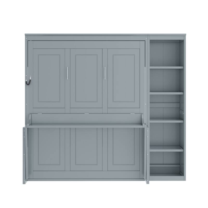 Wooden Murphy Bed Wall Bed with Storage Shelves and Built In Desk, Foldable Platform Bed Frame, Fold into The Wall