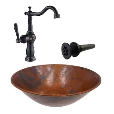14" Round Natural Copper Vessel Sink, 13" Faucet & Daisy Drain Included - 14" x 14" x 5.5"