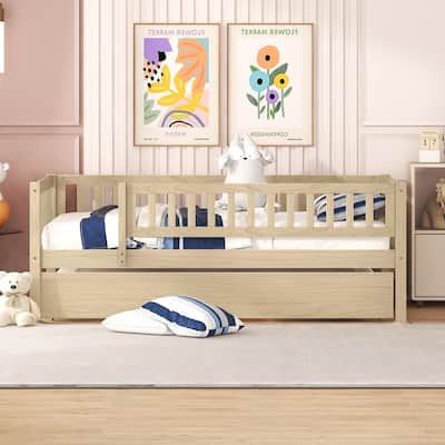 Twin Size Wooden Daybed with Trundle and Fence Guardrails, Space-Saving Design