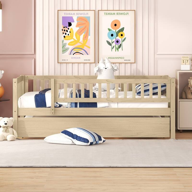 Wooden Twin Daybed with Trundle and Fence Guardrails, Space-Saving Design