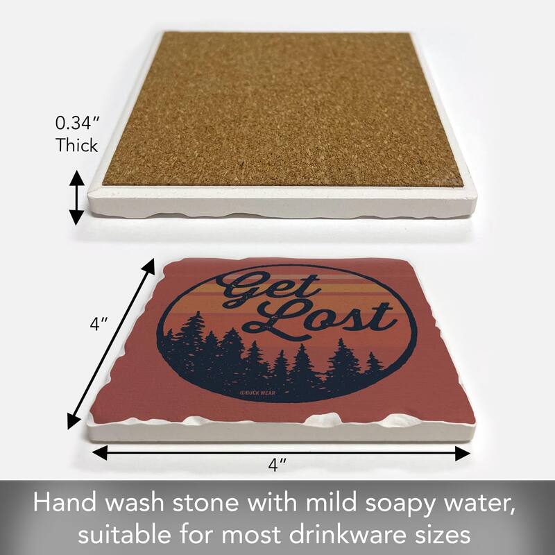 Get Lost 4 Pack Tumbled Tile Stone Coaster with Protective Cork Backing Manufactured in The USA 4" Square