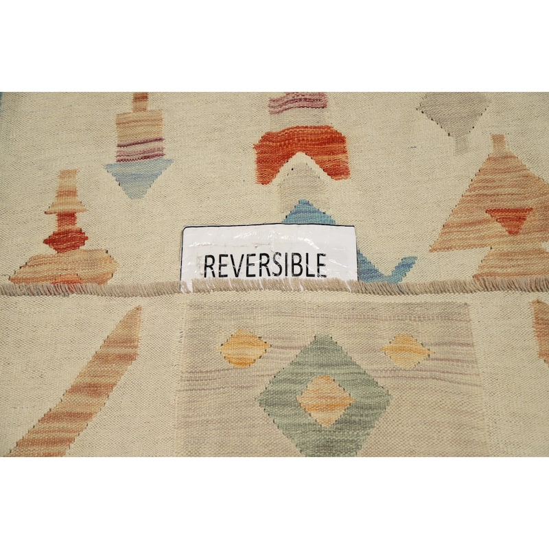 Hand Woven Oriental 100% Wool Carpet Southwestern Tribal Beige & Ivories Kilim Area Rug - 9' 1'' X 5' 8''