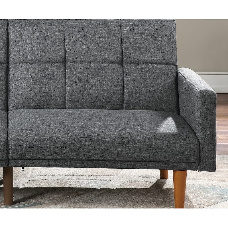 Convertible Sofa Bed in Light Grey Fabric with Tufted Cushions and Wooden Legs