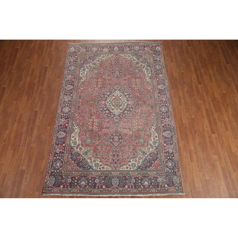 Hand Knotted Oriental 100% Wool Carpet Traditional Floral Pink Tabriz Area Rug - 9' 11'' X 6' 5''