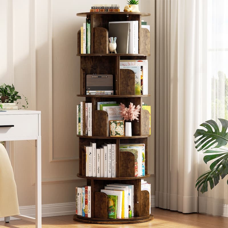 4/5/6 Tiers Round Rotating Bookcase, Revolving Floor Standing Bookshelf Corner Organizer Display - Brown-5T