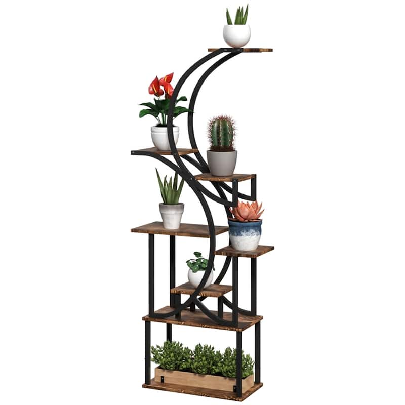 Eight-Tier Corner Plant Stand with S-Shaped Steel Frame and Fir Wood Shelves for Home Decor - 24.4" W x 10.2" D x 61.8" H - Carbonized, Black 