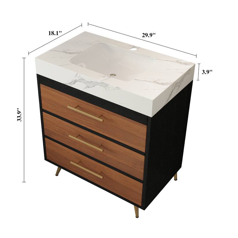 GDFStudio - Athens Modern 29.9" Freestanding Bathroom Vanity with Sintered Stone Top, Ceramic Vessel Sink & Stainless Steel Legs