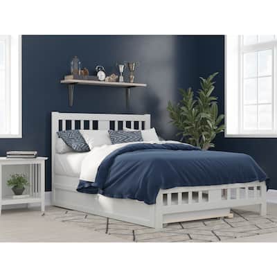 Full Bed with Trundle - White Wood Platform Bed Frame, Twin Size, Modern Design