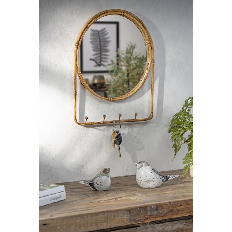 13.78 in H Bamboo Look Antique Brown Metal Wall Mirror with 5 Hooks