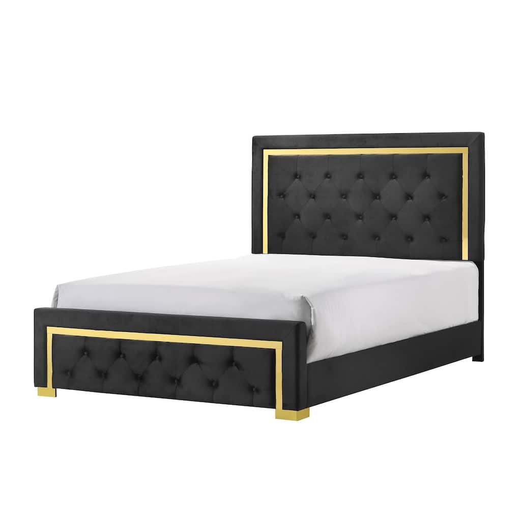 Queen Size Fabric Upholstered Panel Bed with Gold Accent Legs and Button-Tufted Headboard
