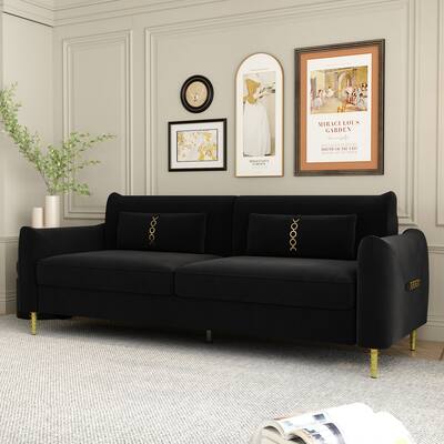 Black 85.43" Velvet Loveseat Sofa with Gold Legs and Pillows for Living Room