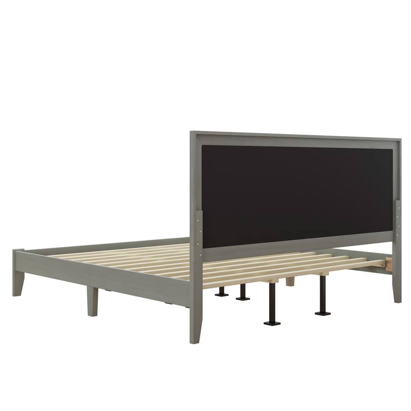 Roomfitters Solid Wood Platform Bed Frame, Mid-Century Upholstered Foundation with Tufted Headboard and Slats, Grey