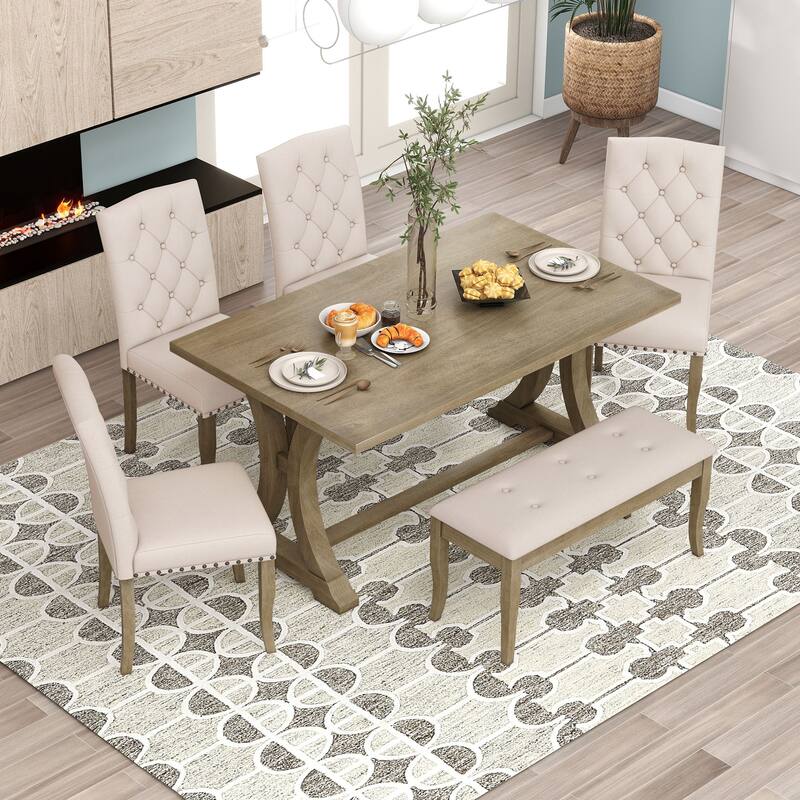 6 Piece Dining Table Chair Set, Wooden Kitchen Furniture Set with Rectangular Table, 4 Upholstered Chairs and Bench